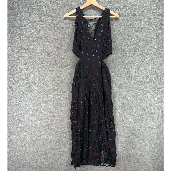 AFRM Dress Women M Medium Black Cherry Print Maxi Long V-Neck Lined Sleeveless - Picture 1 of 8